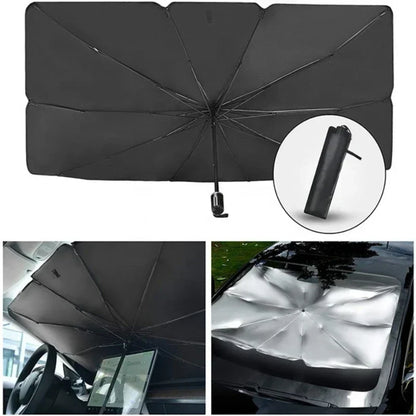 Foldable Windshield Sun Shade for Car | Umbrella Style Heat Blocker with UV Protection | Quick Deploy Reflective Sunshade for Front Window