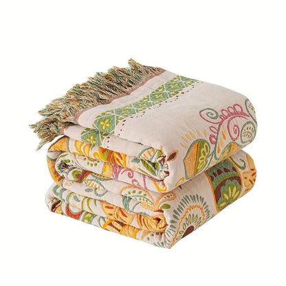 Reversible Cotton Gauze Throw Blanket with Tassels – Floral Boho Design for Couch, Bed & Living Room Decor