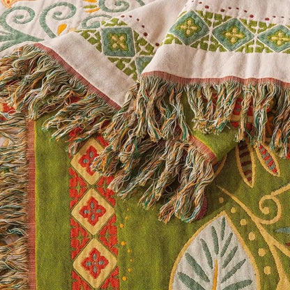 Reversible Cotton Gauze Throw Blanket with Tassels – Floral Boho Design for Couch, Bed & Living Room Decor