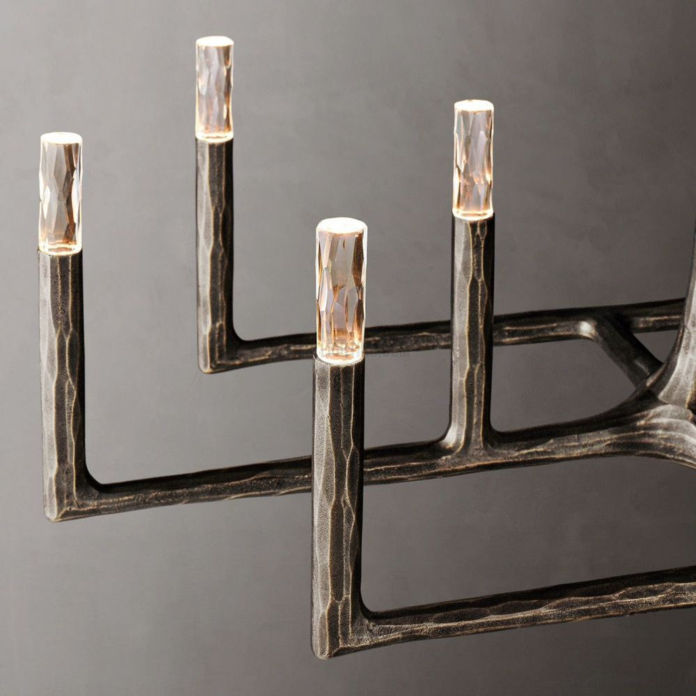 Linear Chandelier with Hand-Forged Metal Frame & Glass Shades for Dining Room