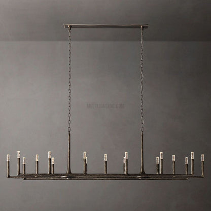 Linear Chandelier with Hand-Forged Metal Frame & Glass Shades for Dining Room