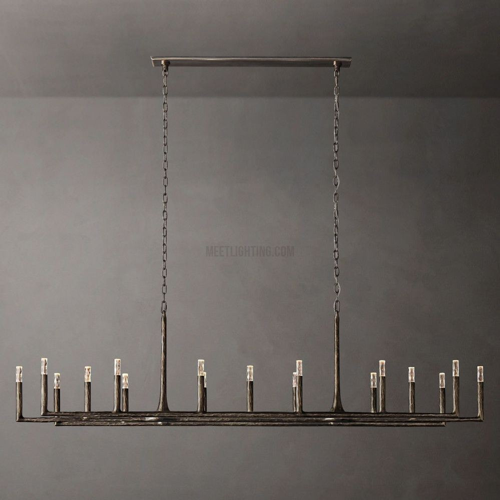 Linear Chandelier with Hand-Forged Metal Frame & Glass Shades for Dining Room