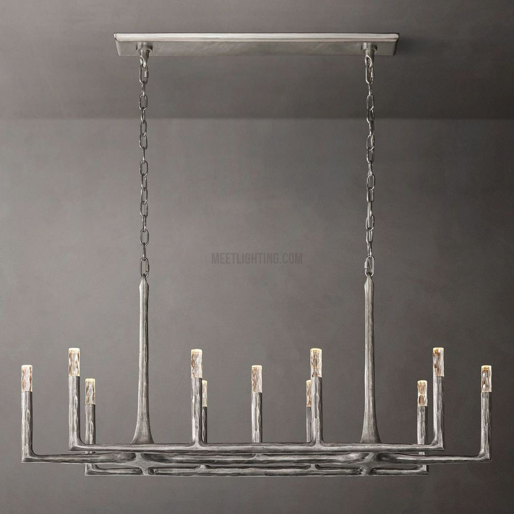 Linear Chandelier with Hand-Forged Metal Frame & Glass Shades for Dining Room
