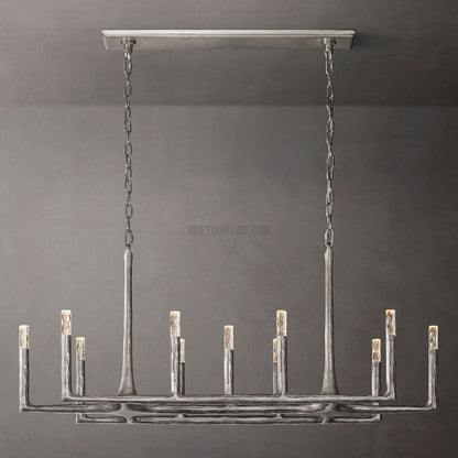 Linear Chandelier with Hand-Forged Metal Frame & Glass Shades for Dining Room