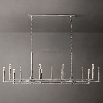 Linear Chandelier with Hand-Forged Metal Frame & Glass Shades for Dining Room