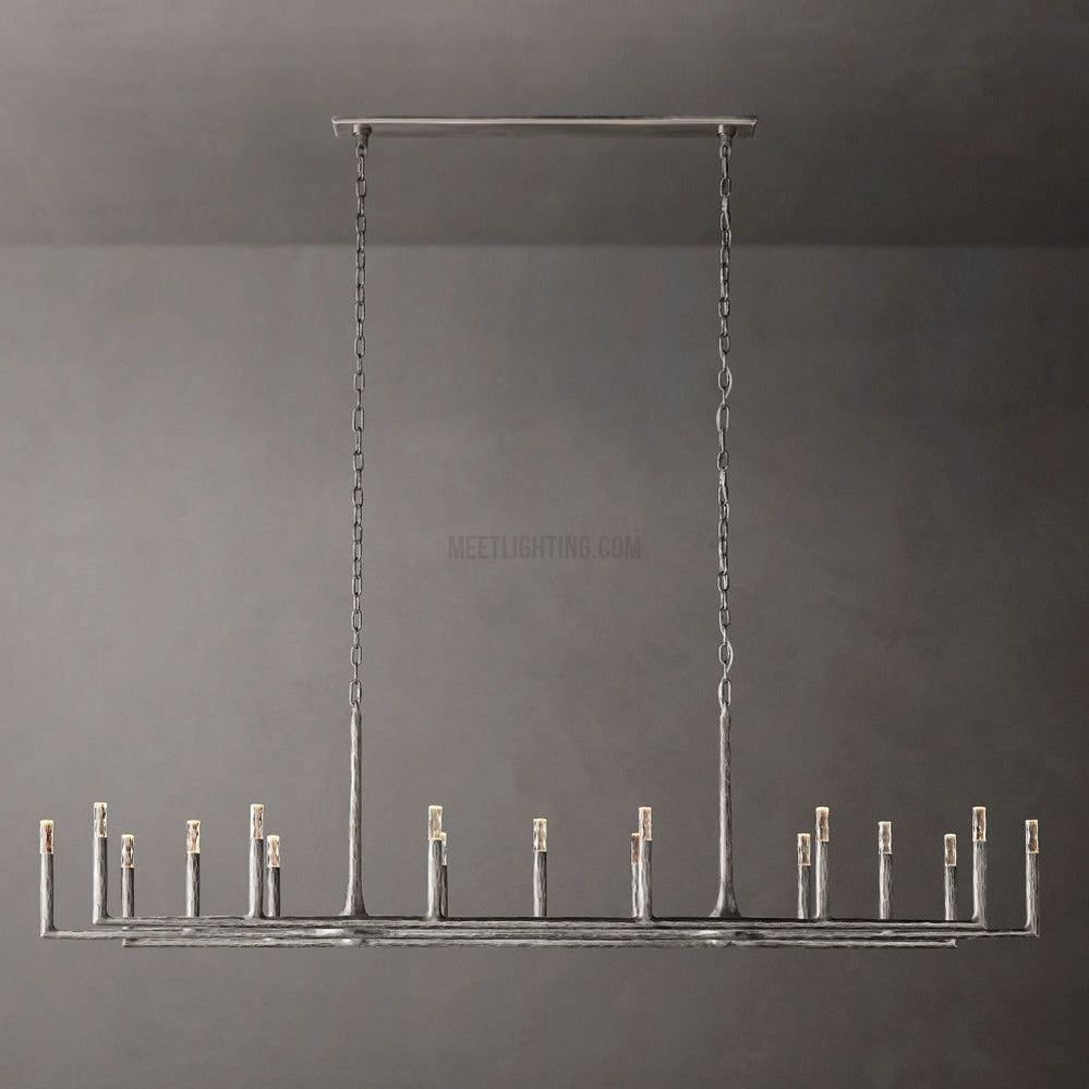Linear Chandelier with Hand-Forged Metal Frame & Glass Shades for Dining Room