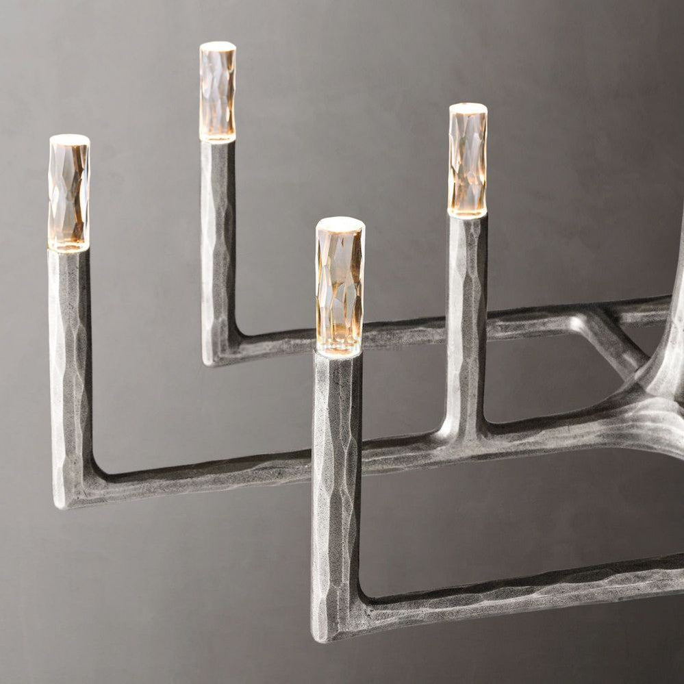 Linear Chandelier with Hand-Forged Metal Frame & Glass Shades for Dining Room