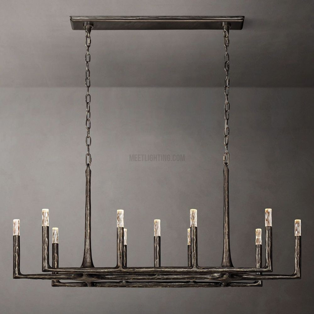 Linear Chandelier with Hand-Forged Metal Frame & Glass Shades for Dining Room