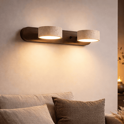 Stone and Wood LED Wall Sconce – Ambient Lighting for Living Room & Bedroom – Modern Architectural Fixture with Travertine Finish