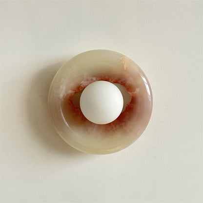 Round Glass Sconce with Natural Stone Backplate – 8-Inch Contemporary Fixture for Entryways, Bedrooms & Corridors