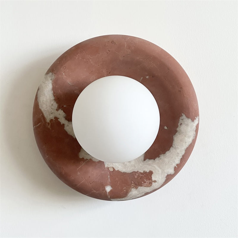 Round Glass Sconce with Natural Stone Backplate – 8-Inch Contemporary Fixture for Entryways, Bedrooms & Corridors