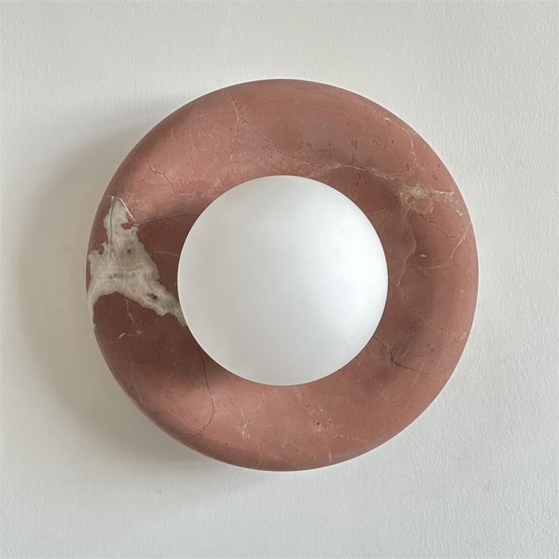 Round Glass Sconce with Natural Stone Backplate – 8-Inch Contemporary Fixture for Entryways, Bedrooms & Corridors
