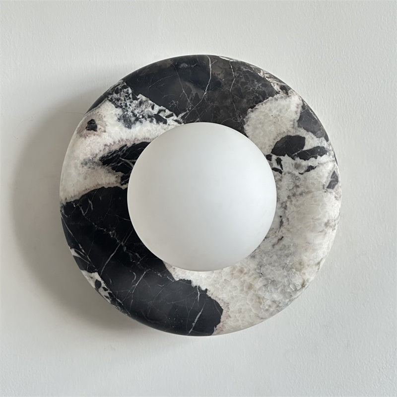 Round Glass Sconce with Natural Stone Backplate – 8-Inch Contemporary Fixture for Entryways, Bedrooms & Corridors