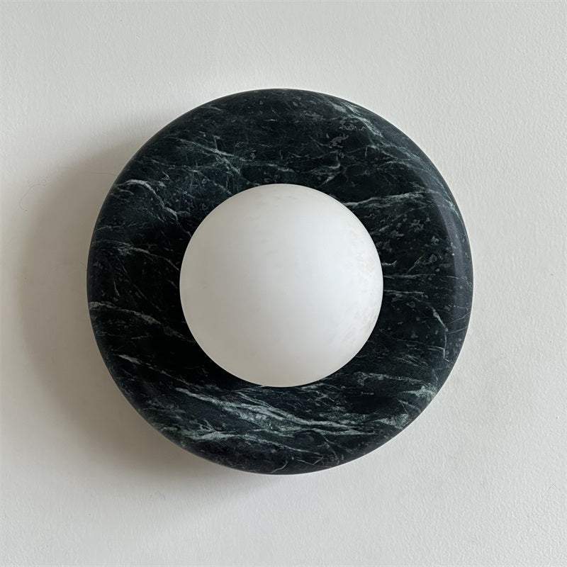 Round Glass Sconce with Natural Stone Backplate – 8-Inch Contemporary Fixture for Entryways, Bedrooms & Corridors