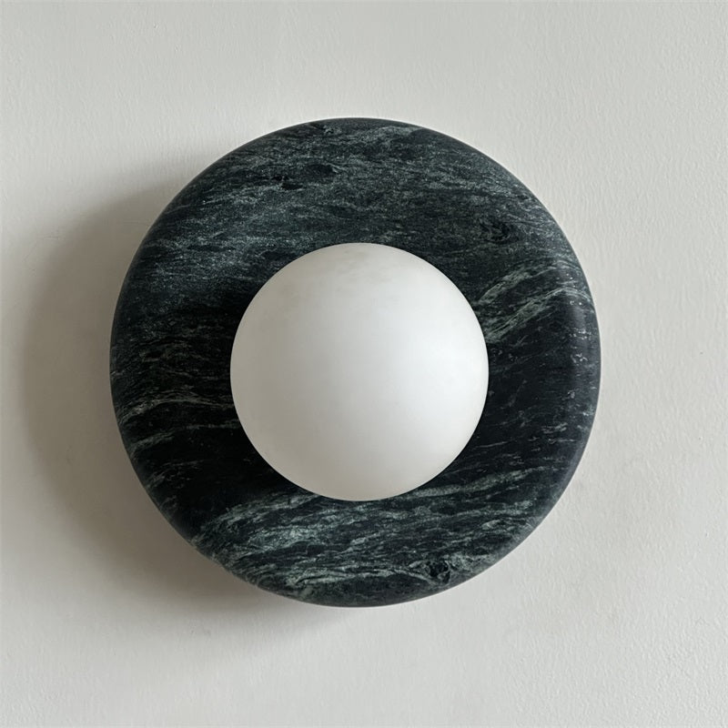 Round Glass Sconce with Natural Stone Backplate – 8-Inch Contemporary Fixture for Entryways, Bedrooms & Corridors