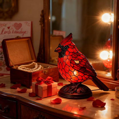 Art Glass Table Lamp with Red Cardinal Bird Design | USB Powered for Cozy Ambiance
