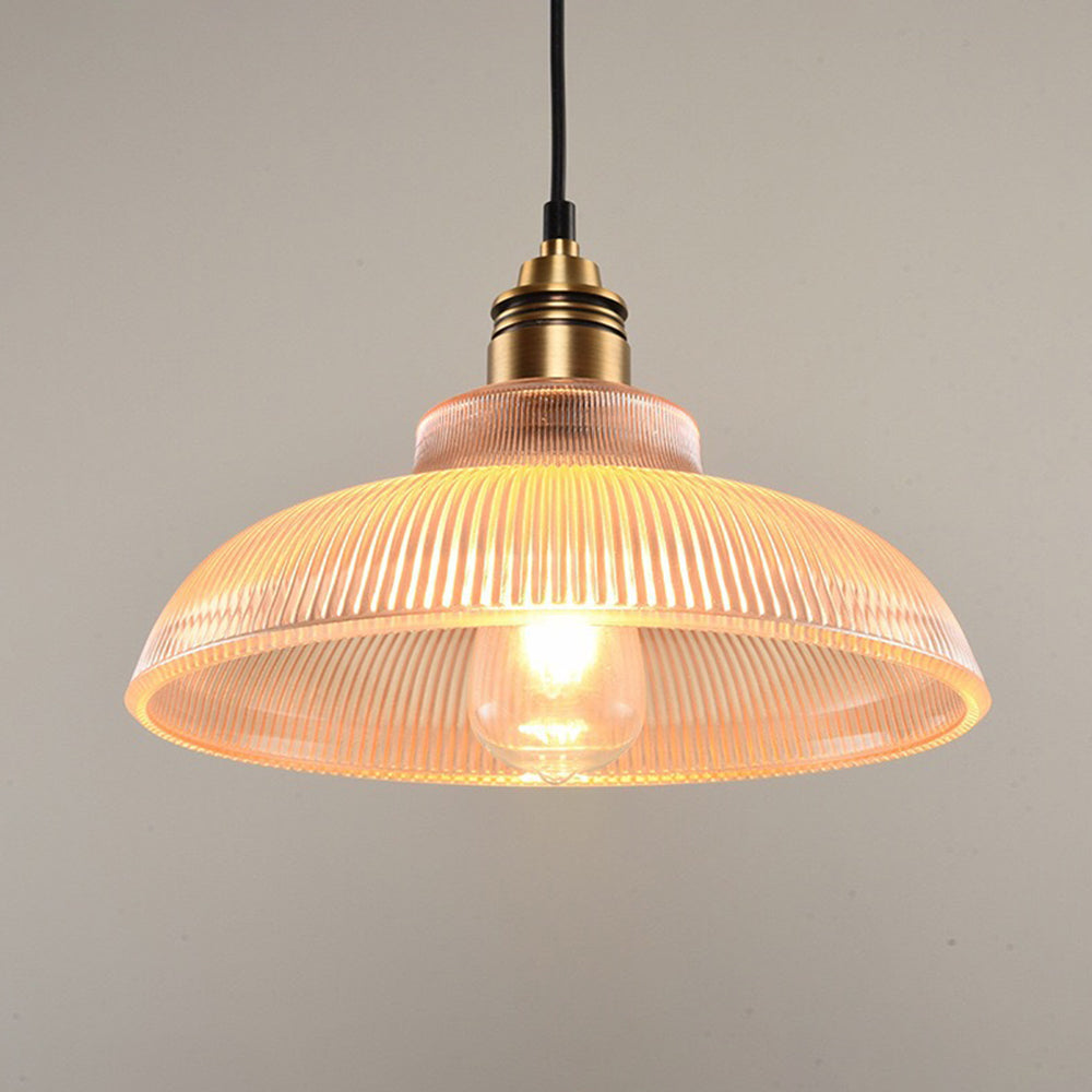 Glass Dome Pendant Light with Metal Frame for Dining Room & Bedroom – E27 Socket Industrial Style Hanging Fixture Clear or Amber Shade