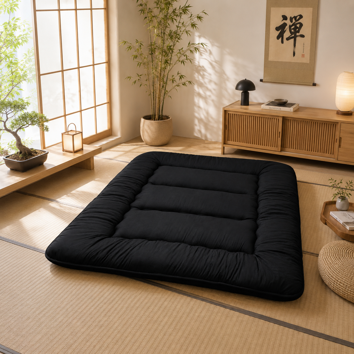 Japanese Floor Bed, 4 Inch Thick Futon Mattress, Foldable Tatami Sleeping Pad, Roll Up Floor Bed for Adults & Kids