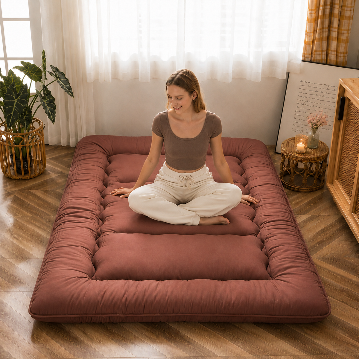 Foldable Floor Mattress 4-Inch Thick Quilted Sleeping Pad for Adults & Kids | Guest Bed, Dorm Room, Yoga | All-Season Portable Futon
