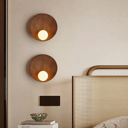Frosted Globe Sconce Light 9-Inch Round Resin Fixture White Wood Finish Bedroom Hallway Soft G4 Bulb Socket Compact 5-Inch Depth