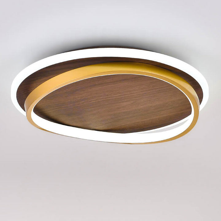 Round Flush Mount Ceiling Light with Wood-Grain Finish & Integrated LED for Living Room, Bedroom, Kitchen