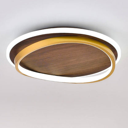 Round Flush Mount Ceiling Light with Wood-Grain Finish & Integrated LED for Living Room, Bedroom, Kitchen
