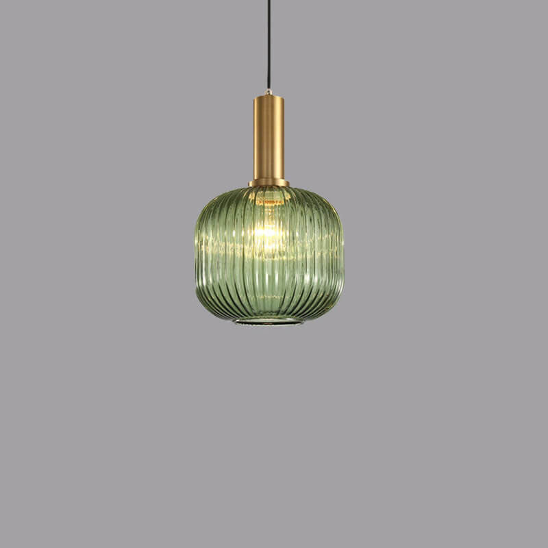 Ribbed Glass Cylinder Hanging Fixture Single-Bulb Suspension Lamp for Kitchen Island Dining Room Entryway