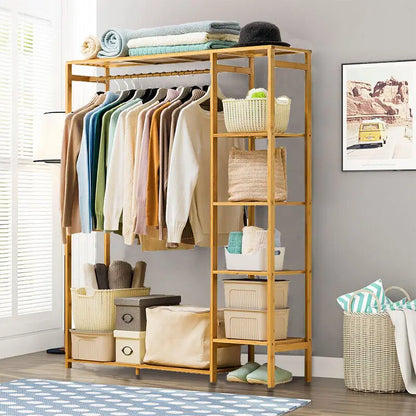 Freestanding Bamboo Garment Rack with Shelves 35 in Wide Natural Wood Finish Bedroom Closet Storage Organizer for Clothes Shoes Accessories