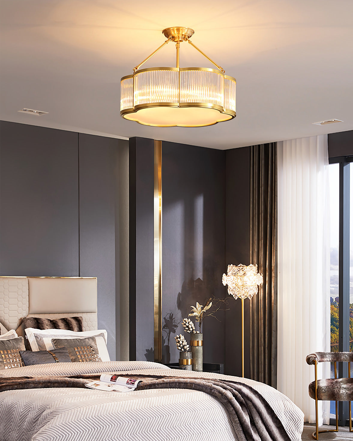 Brass Glass Flush Mount Ceiling Light 20 Inch Quatrefoil Design for Bedroom Living Room Dining Room Indoor Lighting Fixture