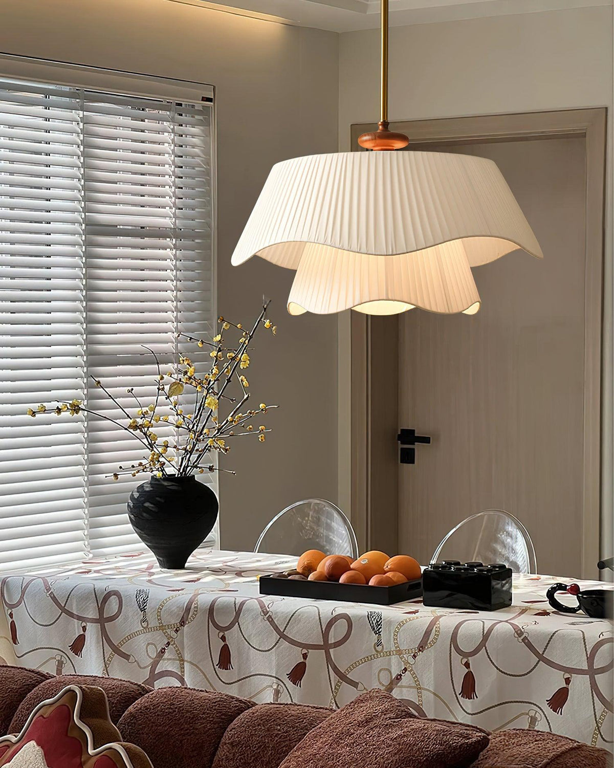Layered Fabric Drum Pendant Light 10 in Dining Room Farmhouse Style Ceiling Fixture Bedroom Kitchen Island Wood Accent Hanging Lamp E26 Sock