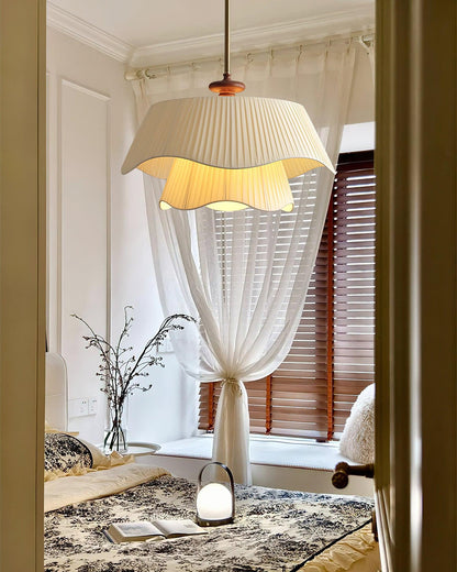 Layered Fabric Drum Pendant Light 10 in Dining Room Farmhouse Style Ceiling Fixture Bedroom Kitchen Island Wood Accent Hanging Lamp E26 Sock