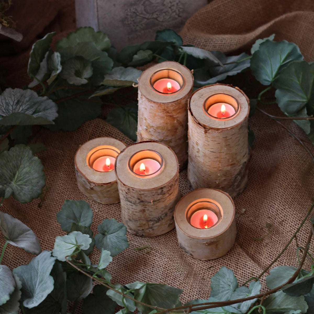 Portavelas de madera de abedul con acabado rústico: soporte decorativo de veta natural para velas de 2 a 8 pulgadas