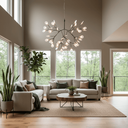 Branching LED Chandelier with Acrylic Petals Black Finish 20W Integrated Light Dimmable Remote Option Modern Statement Fixture Indoor Living