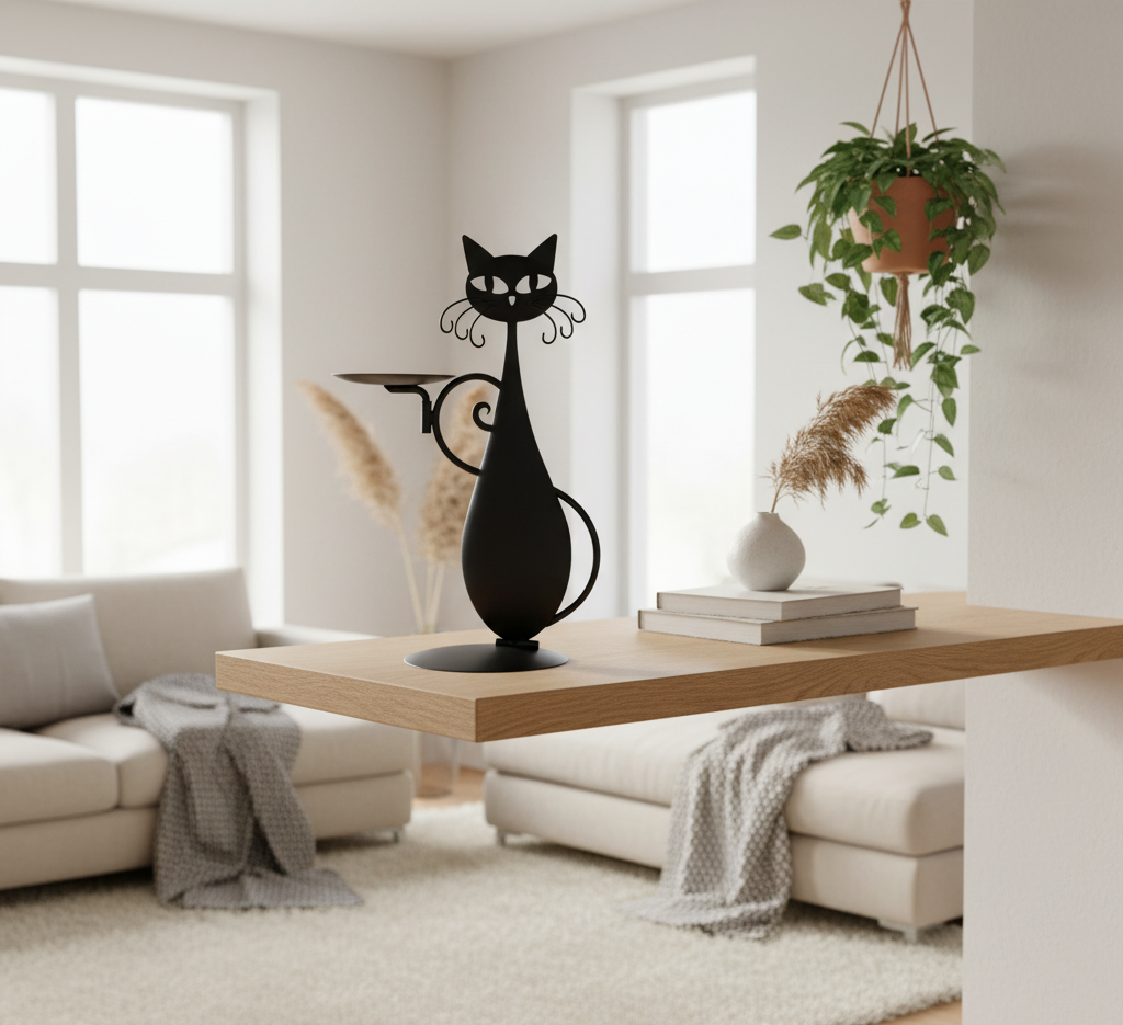 Black Cat-Shaped Candlestick Holder – Decorative Metal Candle Holder, Ideal for Small Candles