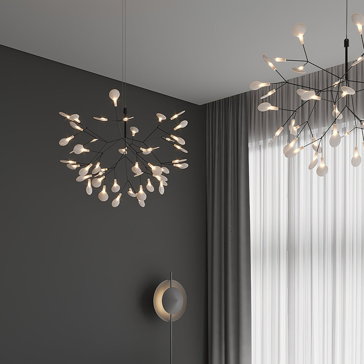 Branching LED Chandelier with Acrylic Petals Black Finish 20W Integrated Light Dimmable Remote Option Modern Statement Fixture Indoor Living