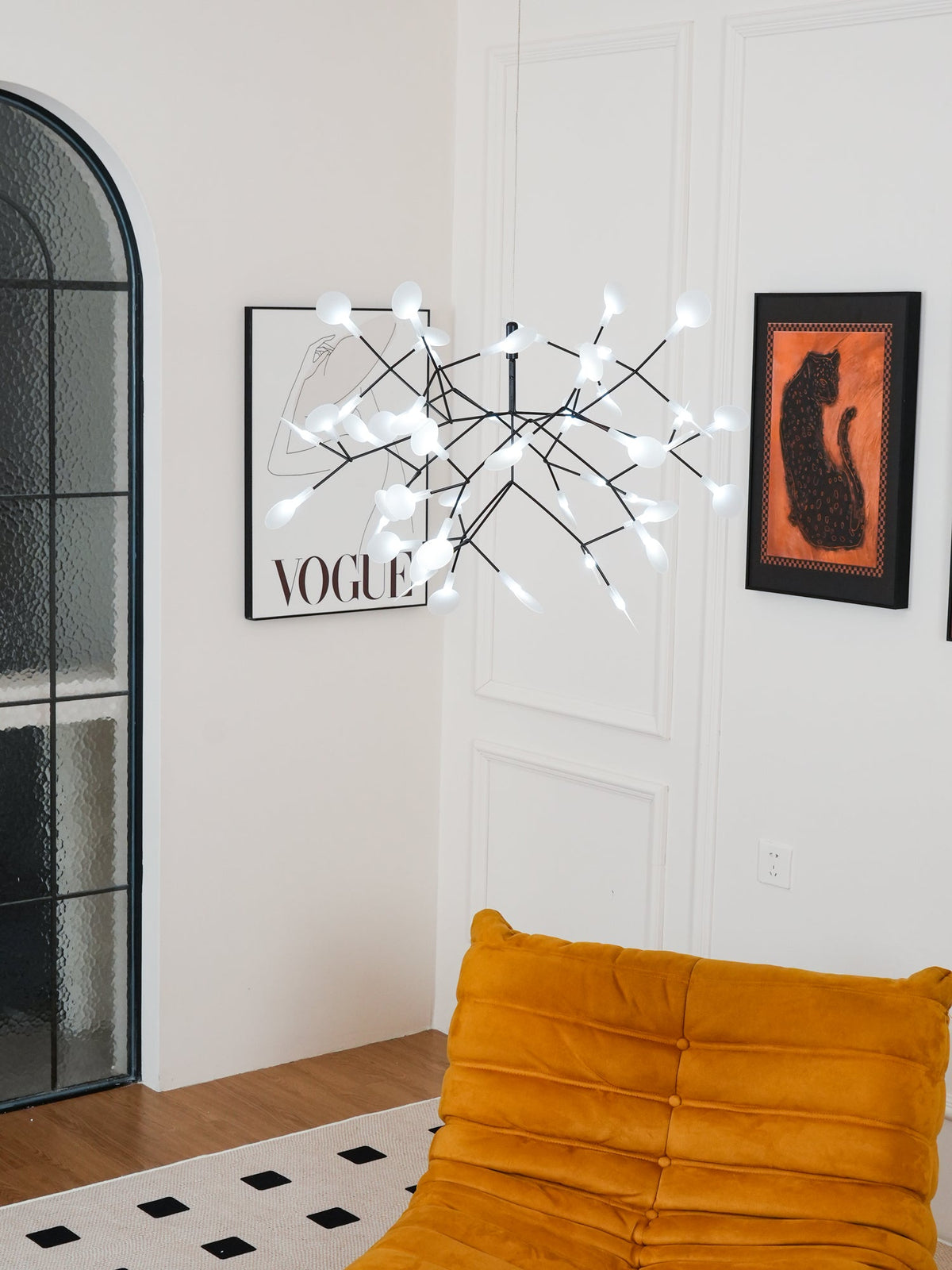 Branching LED Chandelier with Acrylic Petals Black Finish 20W Integrated Light Dimmable Remote Option Modern Statement Fixture Indoor Living