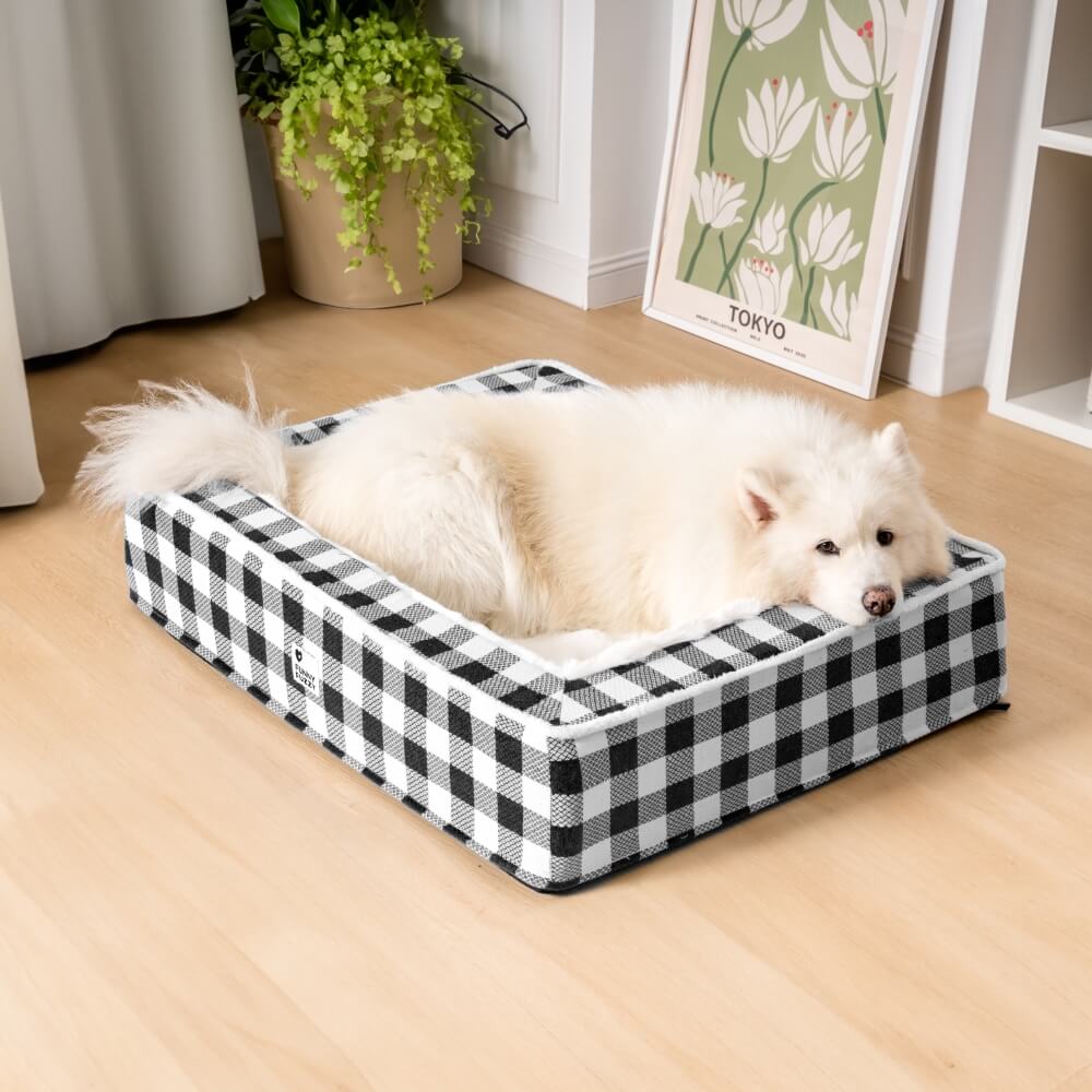 Plaid Raised-Edge Dog Bed with Memory Foam Bolster Support for Calming Sleep | Small to Extra Large Sizes | Classic Checkered Pattern Pet