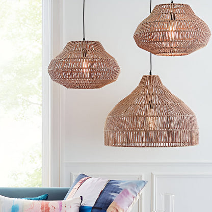 Woven Hanging Lamp Natural Fiber Shade Adjustable Height Ceiling Light for Dining Table Kitchen Island Bedroom Boho Coastal Japandi