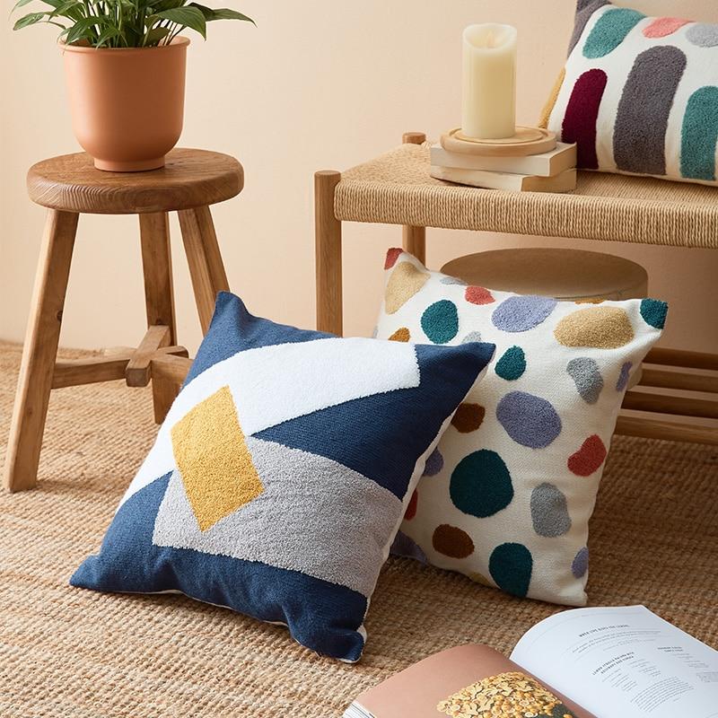 Boho Throw Pillow with Abstract Embroidery – Soft Decorative Cushion in Earth Tones