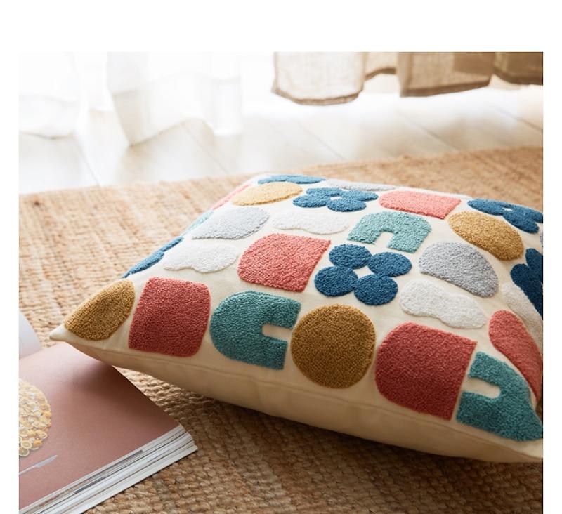 Boho Throw Pillow with Abstract Embroidery – Soft Decorative Cushion in Earth Tones