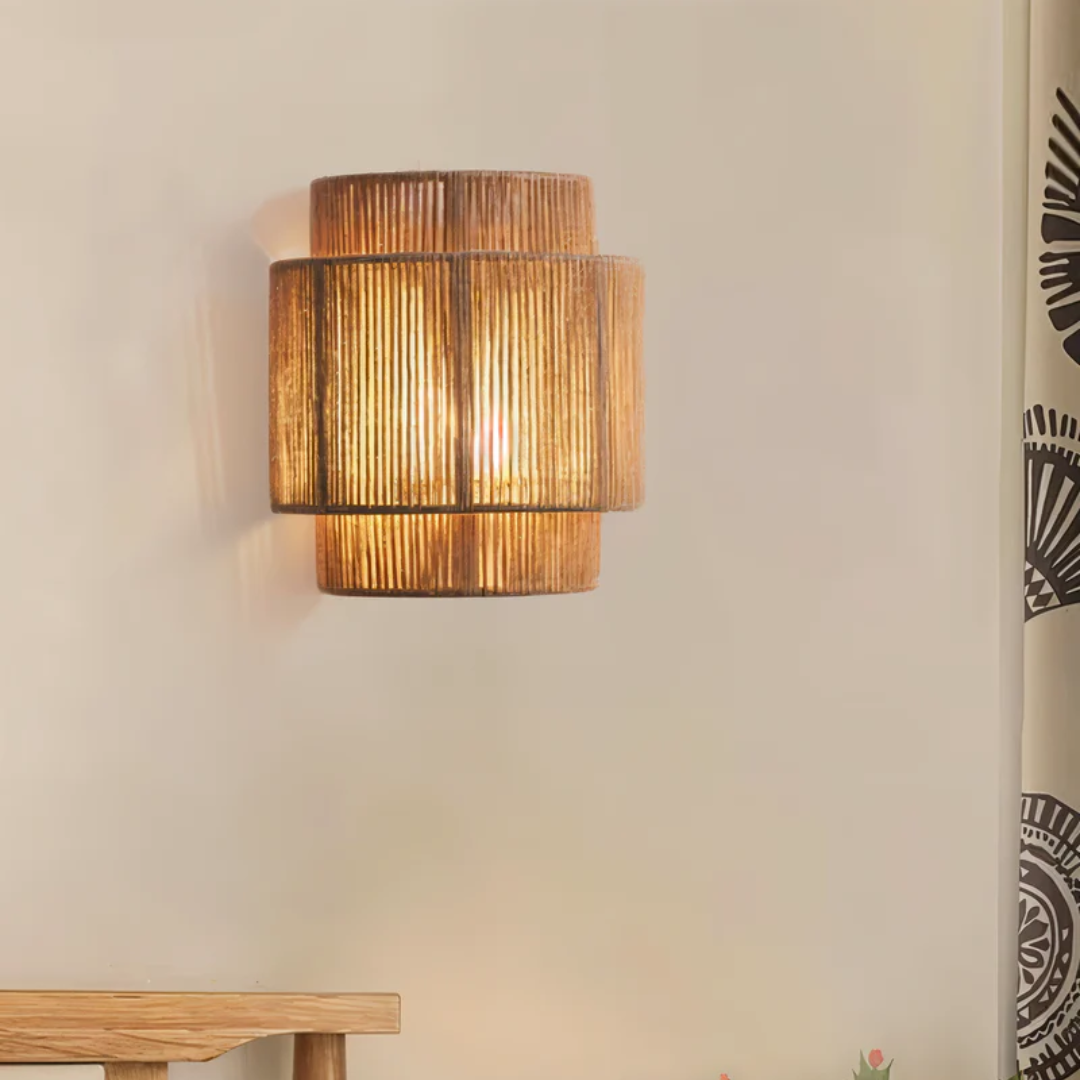 Lámpara de pared boho de cuerda de cáñamo y ratán – Iluminación estética natural