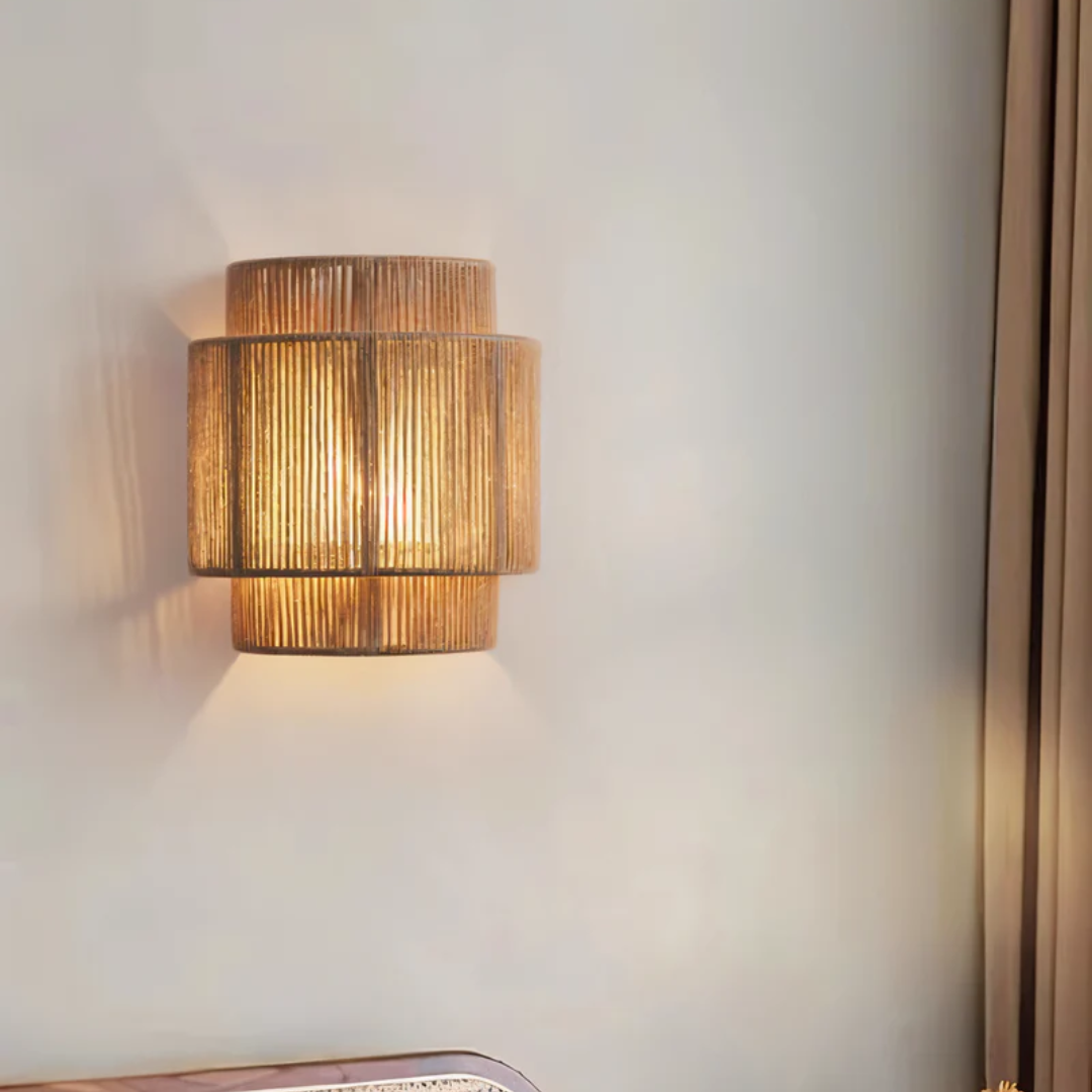 Lámpara de pared boho de cuerda de cáñamo y ratán – Iluminación estética natural