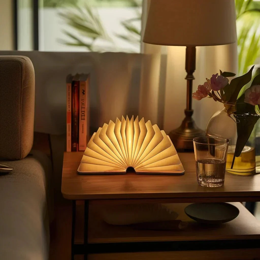 Rechargeable LED Book Light – Wooden Folding Accent Lamp for Reading Nook, Bedroom Nightstand & Home Decor