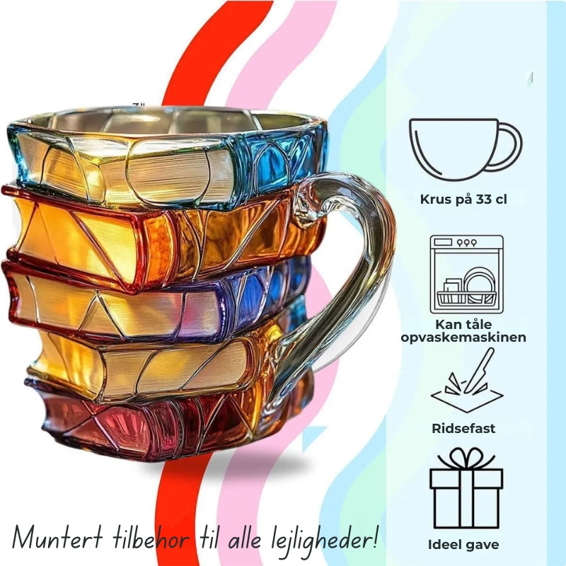 Sculptural Glass Coffee Mug with Stacked Book Shape for Writers Readers Students & Home Office Desk Décor Gift