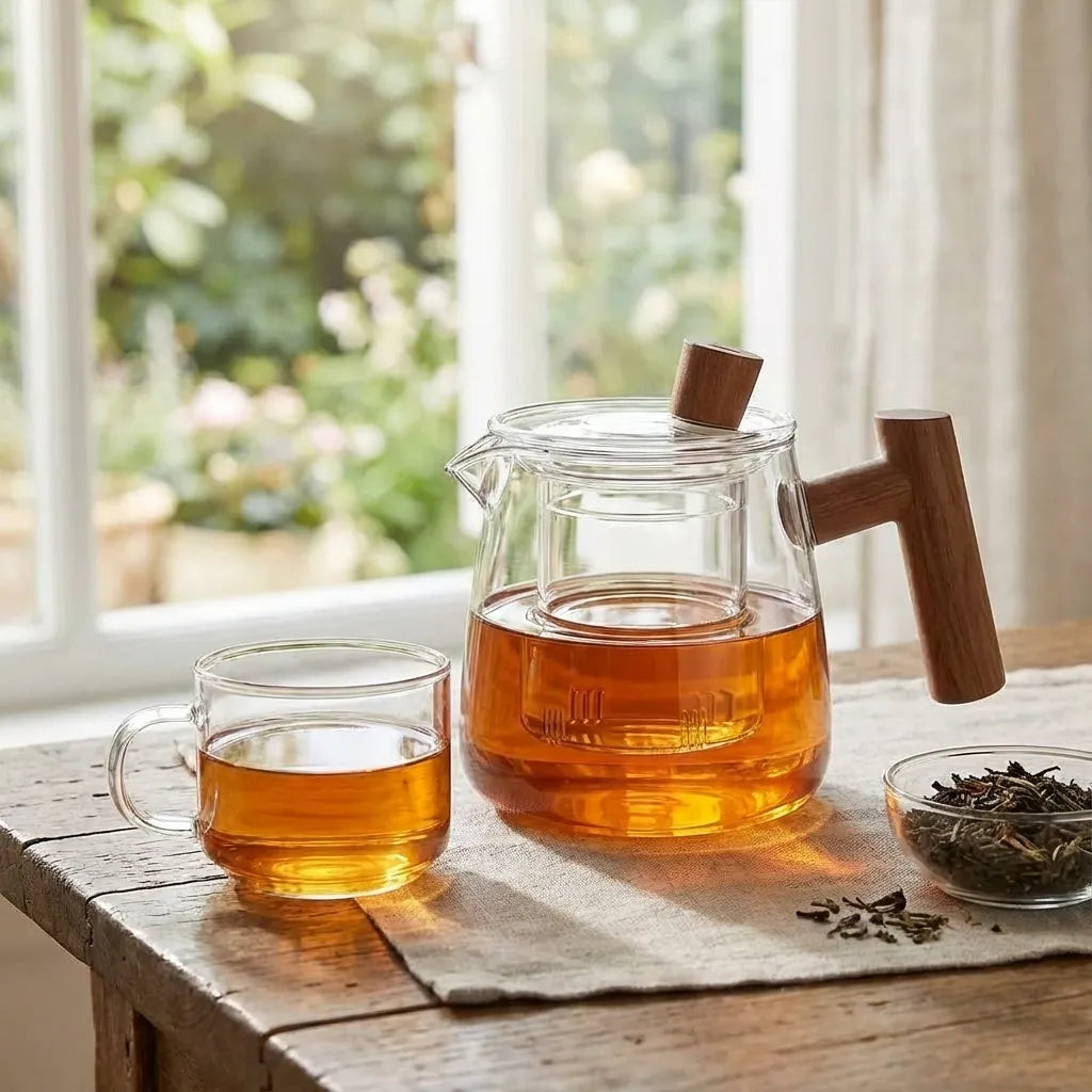 Tetera de vidrio borosilicato con mango de madera: capacidad de 550 ml (18.60 fl oz) para una preparación elegante de té