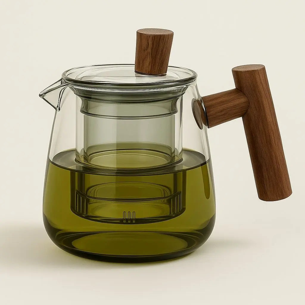 Tetera de vidrio borosilicato con mango de madera: capacidad de 550 ml (18.60 fl oz) para una preparación elegante de té