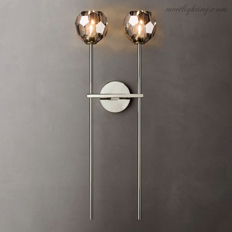 Crystal Globe Double Sconce Wall Light in Brass or Nickel – Two-Bulb Fixture for Living Room & Hallway