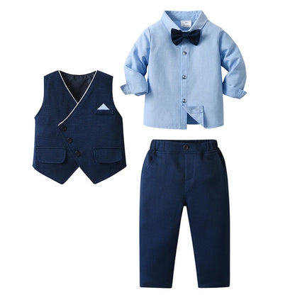 Boys Formal Outfit 3-Piece Set with Shirt Vest Pants Bow Tie Navy Light Blue for Weddings Parties Special Occasions Toddler Kids