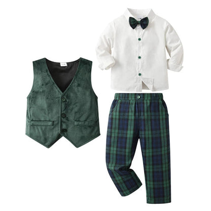 Boys Formal 3-Piece Suit Set with Shirt, Vest, Pants & Bow Tie for Weddings, Parties, Special Occasions | Toddler Kids Dress Outfit