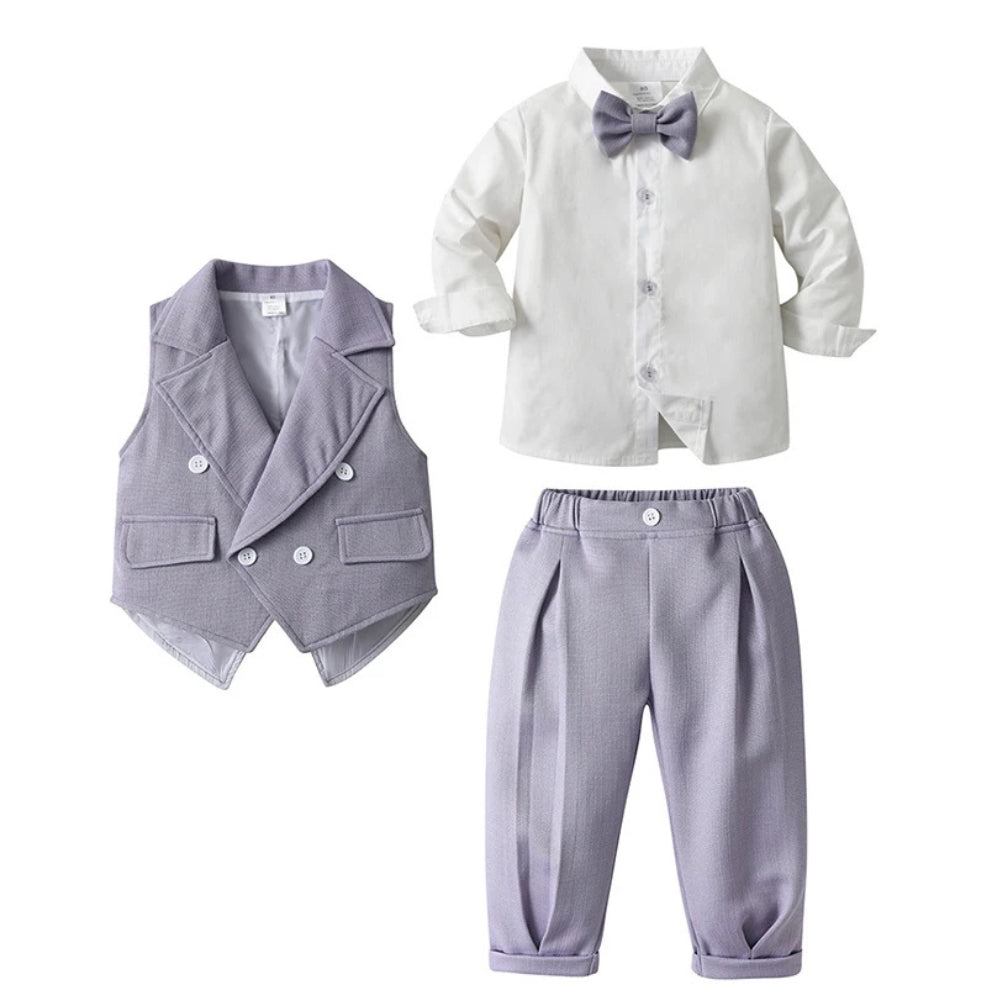 Boys Formal 3-Piece Suit Set with Shirt, Vest, Pants & Bow Tie for Weddings, Parties, Special Occasions | Toddler Kids Dress Outfit